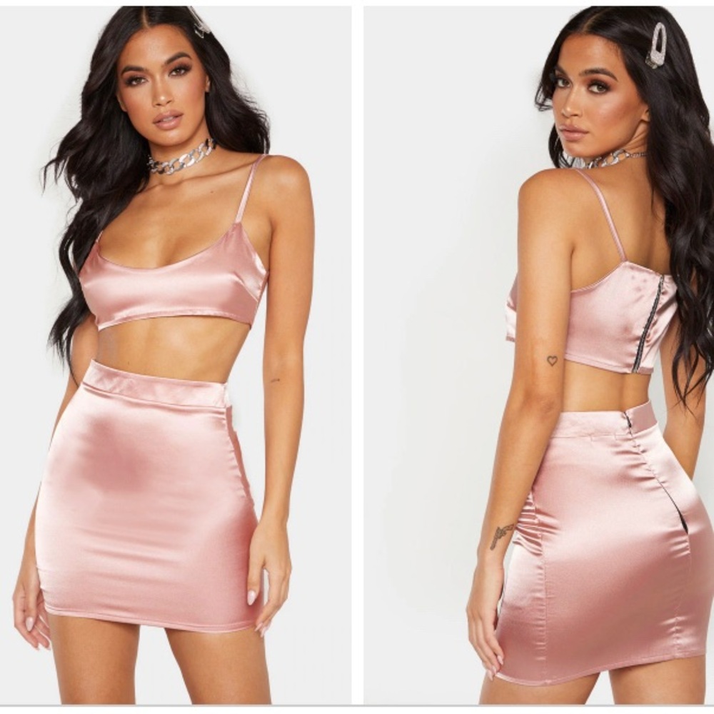 Hot Pink Satin Scoop Neck Crop Top and Mini Skirt Set